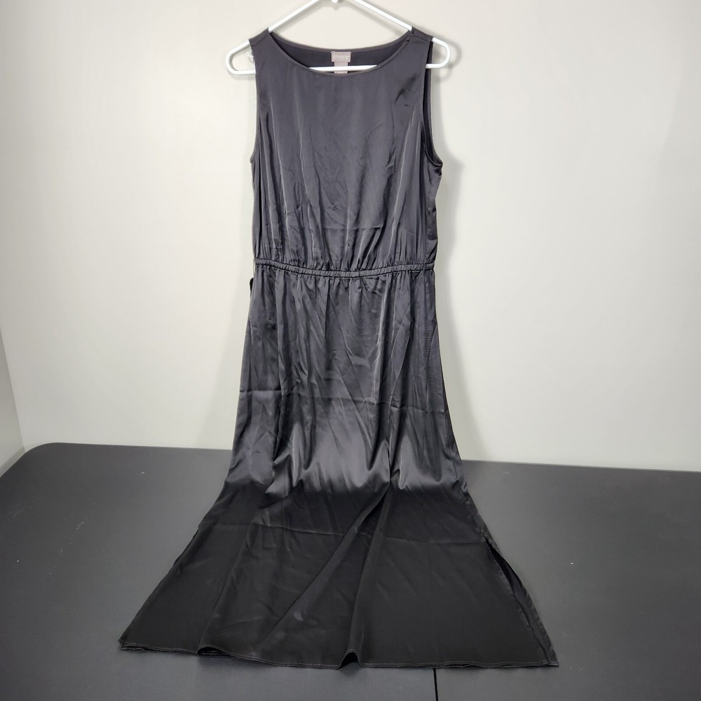 NWT Chico's Satin Black Sleeveless Maxi Tie Waist Dress Sz 1=8 Elastic Waist